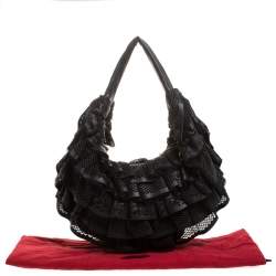 Pre Owned Valentino Black Leather Mesh Ruffle Hobo