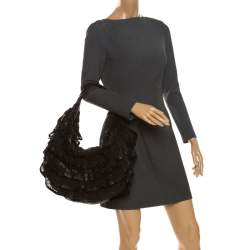 Pre Owned Valentino Black Leather Mesh Ruffle Hobo