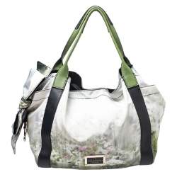 Pre Owned Valentino Green/Black Printed Nylon and Leather Double Pocket Bow Tote