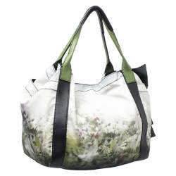 Pre Owned Valentino Green/Black Printed Nylon and Leather Double Pocket Bow Tote