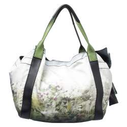 Pre Owned Valentino Green/Black Printed Nylon and Leather Double Pocket Bow Tote