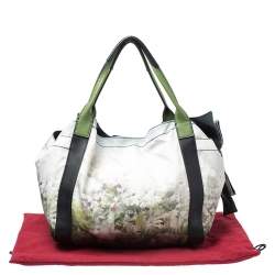 Pre Owned Valentino Green/Black Printed Nylon and Leather Double Pocket Bow Tote