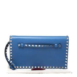 Pre Owned Valentino Blue Leather Rockstud Wristlet Clutch