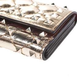 Pre Owned Valentino Gold Patent Leather Rockstud Spike Flap Wallet