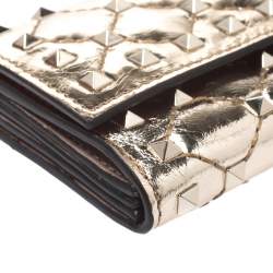 Pre Owned Valentino Gold Patent Leather Rockstud Spike Flap Wallet