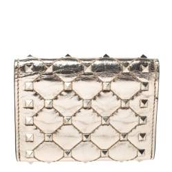 Pre Owned Valentino Gold Patent Leather Rockstud Spike Flap Wallet