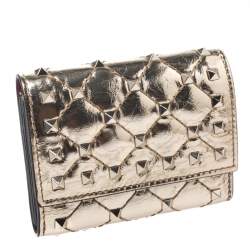 Pre Owned Valentino Gold Patent Leather Rockstud Spike Flap Wallet