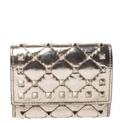 Pre Owned Valentino Gold Patent Leather Rockstud Spike Flap Wallet