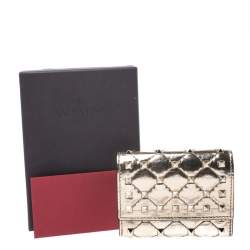 Pre Owned Valentino Gold Patent Leather Rockstud Spike Flap Wallet
