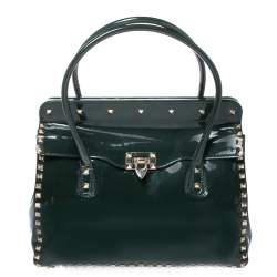 Pre Owned Valentino Green Patent Leather Studded Tote