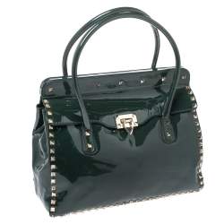 Pre Owned Valentino Green Patent Leather Studded Tote