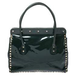 Pre Owned Valentino Green Patent Leather Studded Tote