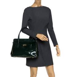 Pre Owned Valentino Green Patent Leather Studded Tote