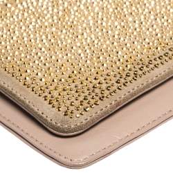 Pre Owned Valentino Nude Beige/Gold Leather and Suede Studded Wristlet Pouch