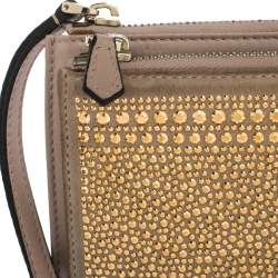 Pre Owned Valentino Nude Beige/Gold Leather and Suede Studded Wristlet Pouch