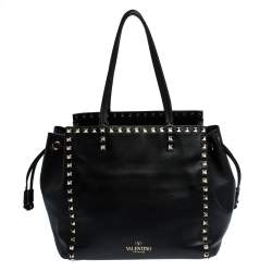 Pre Owned Valentino Black Leather Rockstud Drawstring Tote