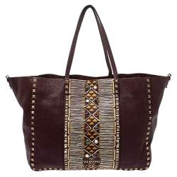 Pre Owned Valentino Burgundy Leather Tribal Rockstud Tote