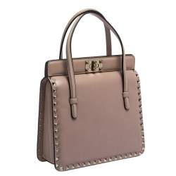 Pre Owned Valentino Pale Beige Leather Rockstud Frame Tote