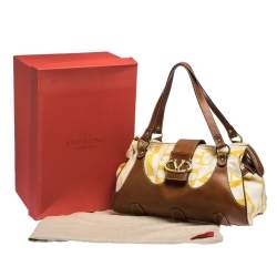 Pre Owned Valentino Yellow/Tan Canvas and Leather V Clasp Catch Satchel