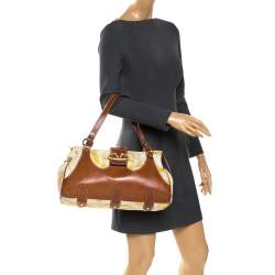 Pre Owned Valentino Yellow/Tan Canvas and Leather V Clasp Catch Satchel