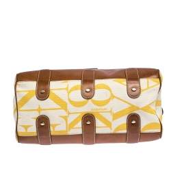 Pre Owned Valentino Yellow/Tan Canvas and Leather V Clasp Catch Satchel