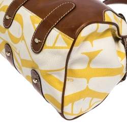 Pre Owned Valentino Yellow/Tan Canvas and Leather V Clasp Catch Satchel