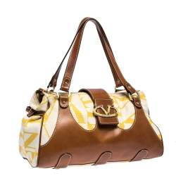 Pre Owned Valentino Yellow/Tan Canvas and Leather V Clasp Catch Satchel