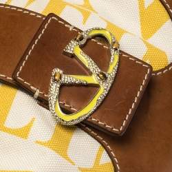 Pre Owned Valentino Yellow/Tan Canvas and Leather V Clasp Catch Satchel