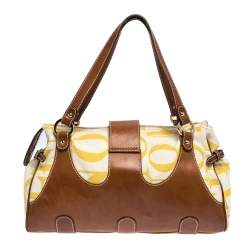 Pre Owned Valentino Yellow/Tan Canvas and Leather V Clasp Catch Satchel