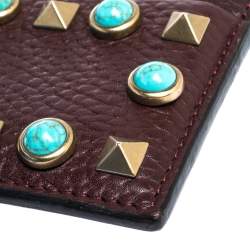 Pre Owned Valentino Dark Burgundy Leather Rockstud Slim Card Holder