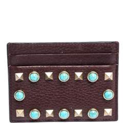 Pre Owned Valentino Dark Burgundy Leather Rockstud Slim Card Holder