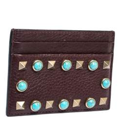 Pre Owned Valentino Dark Burgundy Leather Rockstud Slim Card Holder