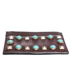 Pre Owned Valentino Dark Burgundy Leather Rockstud Slim Card Holder