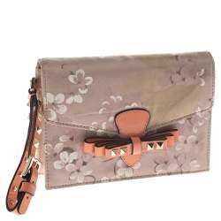 Pre Owned Valentino Multicolor Floral Print Fabric Studded Bow Wristlet Clutch