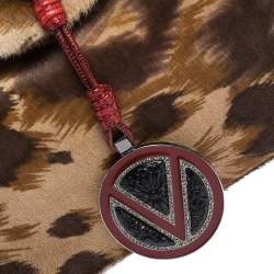 Pre Owned Valentino Brown/Red Printed Calfhair and Lizard V Ring Hobo