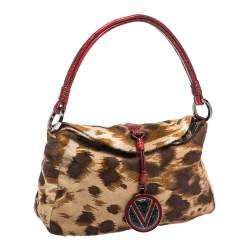 Pre Owned Valentino Brown/Red Printed Calfhair and Lizard V Ring Hobo