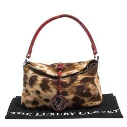 Pre Owned Valentino Brown/Red Printed Calfhair and Lizard V Ring Hobo