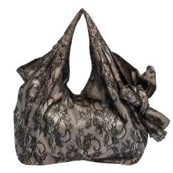 Pre Owned Valentino Black/Beige Lace Large Nuage Bow Hobo