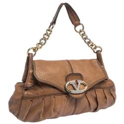 Pre Owned Valentino Brown Leather Crystal-Embellished Catch Shoulder Bag