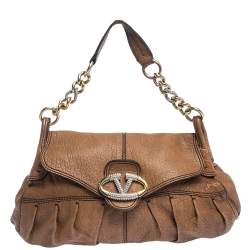 Pre Owned Valentino Brown Leather Crystal-Embellished Catch Shoulder Bag