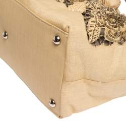 Pre Owned Valentino Beige Canvas, Sequin and Beaded Floral Applique Tote