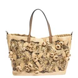 Pre Owned Valentino Beige Canvas, Sequin and Beaded Floral Applique Tote