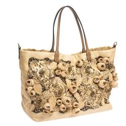 Pre Owned Valentino Beige Canvas, Sequin and Beaded Floral Applique Tote