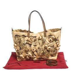 Pre Owned Valentino Beige Canvas, Sequin and Beaded Floral Applique Tote