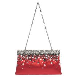 Pre Owned Valentino Red Satin Crystal-Embellished Frame Clutch