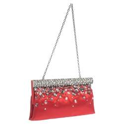 Pre Owned Valentino Red Satin Crystal-Embellished Frame Clutch