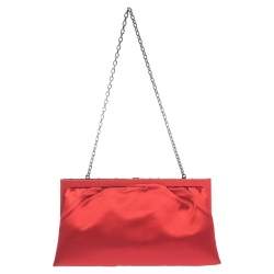 Pre Owned Valentino Red Satin Crystal-Embellished Frame Clutch