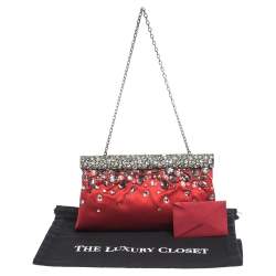 Pre Owned Valentino Red Satin Crystal-Embellished Frame Clutch