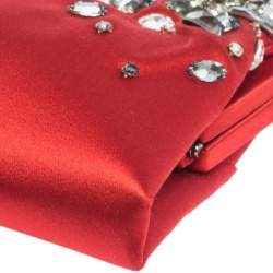 Pre Owned Valentino Red Satin Crystal-Embellished Frame Clutch
