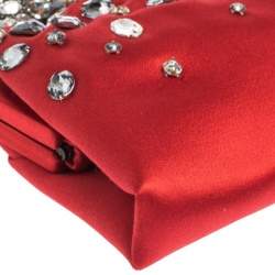 Pre Owned Valentino Red Satin Crystal-Embellished Frame Clutch